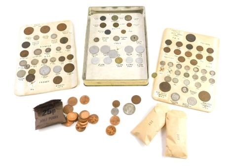 Various coins, tokens, etc., Cornish copper half ounce 1791, various later, small quantity of silver threepenny bits, Victorian penny, various other Victorian and other coins, small quantity of world used, USA one cent 1907, five cents 1904.
