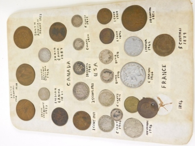 Various coins, tokens, etc., Cornish copper half ounce 1791, various later, small quantity of silver threepenny bits, Victorian penny, various other Victorian and other coins, small quantity of world used, USA one cent 1907, five cents 1904. - 4