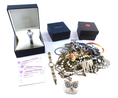 Various costume jewellery and effects, Rotary wristwatch with 2cm diameter mother of pearl finished dial and textured bracelet, various other necklaces, Jensen box, flapper style necklace, other Art Deco style, etc. (a quantity)