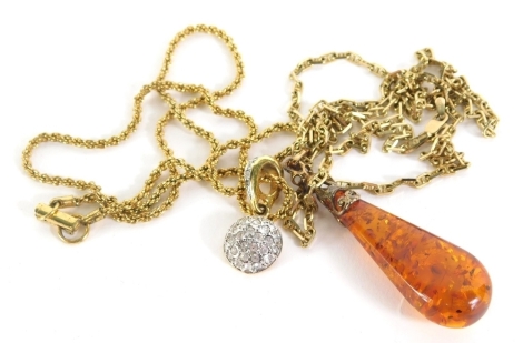 A slender link necklace, 6cm long, attached to a club shaped amber style pendant, necklace marked 375, 15g all in, a Swarovski necklace. (2)
