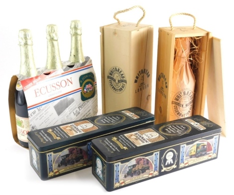 Three bottles of Ecusson Grand Cider, in outer boxed packaging, and two Brewhouse 1855-1984 Mansfield brewery bottled ales, Whitbread Celebration Ale and other.