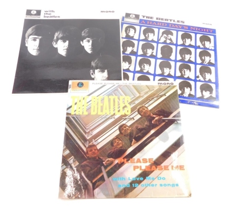 Various Beatles records, 33rpm, The Beatles A Hard Days Night, Parlophone, With The Beatles and Please Please Me, all mono. (3)