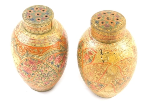 A pair of Damascus ware papier mache pounce pots, each shouldered body profusely decorated with flowers with gilt highlights, 11cm high. (2)