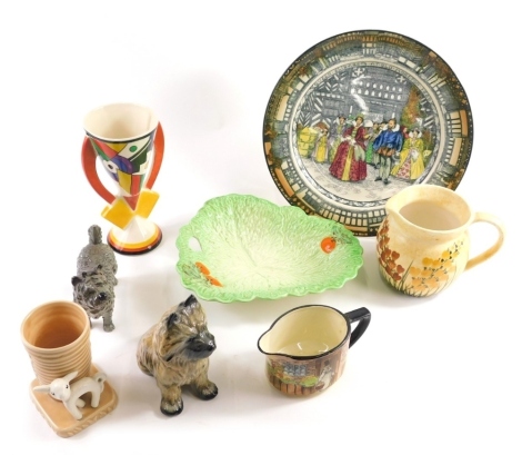 Various pottery and effects, Goebel terrier, Chelsea Works Burslem Moorland Art Deco vase, collectors plates, Royal Doulton jug, etc. (a quantity)