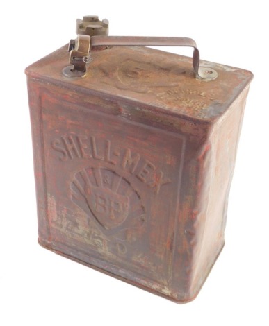 A vintage Shell-Mex metal fuel can, with BP Shell emblem to the front, 30cm high.