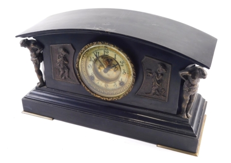 A 19thC black slate mantel clock, raised with panels and figured supports of classical gentleman, with 10cm diameter Arabic numerals and shaped case on compressed feet, 24cm high.