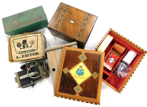 A walnut Tunbridge style jewellery box, with mother of pearl inlay, 17cm high, 30cm wide, 22cm deep, sectional box, Pedro Domeco, games box with dominoes and other items, etc. (a quantity) WARNING! This lot contains untested or unsafe electrical items.  I