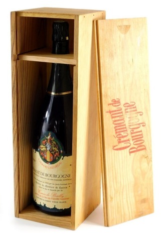 A bottle of Cremant de Bourgogne brut champagne, 150cl, boxed.