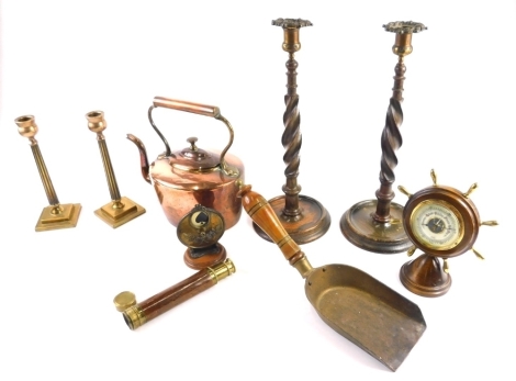 Various treen, copper etc., a small copper kettle with brass mounts, 26cm high, pair of turned candlesticks, three drawer telescope with plain wooden handle, various other metalware, etc., ships wheel barometer, etc. (a quantity)