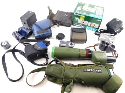 Various cameras and associated equipment, a boxed camera, binoculars, an OPTLYTH cased lens, others by Sony, etc. (a quantity)