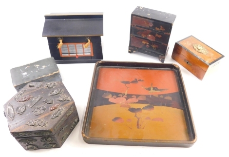 Various jewellery boxes, lacquered tray, oak cased money box, 13cm wide, etc. (a quantity)