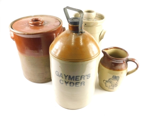 Various stoneware, a churn, Gaymer Cider two coloured stoneware vessel with metal mounts, 46cm high, various other items, jug, etc. (4)