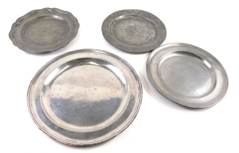 Various 18thC and later pewter, a charger marked London, 31cm diameter, oval shaped plate and two others with London rosette marks, etc. (a quantity)