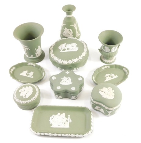 Various Wedgwood green Jasperware, to include trumpet shaped vase, 10cm high, other vases, lidded dishes, pin dish, lidded powder box, kidney shaped jar, etc., impressed marks beneath. (a quantity)