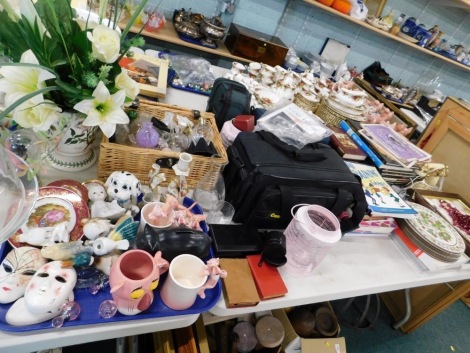 Various china effects, tile top tray, telephone, 20cm high, ephemera, books, placemats, cameras, Pink Panther figures, etc. (a quantity)