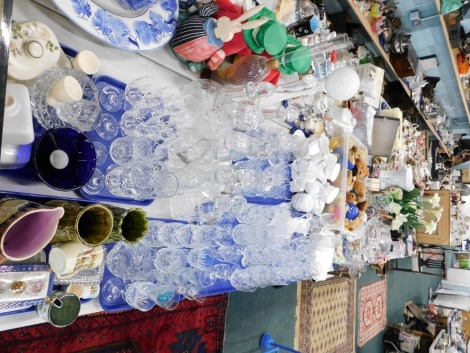 A quantity of various decanters, various Royal Albert crystal glassware, wine glasses, 20cm high, Whisky tumblers, Brandy balloons, a comprehensive collection of other crystal, Majolica jug, child's egg cups, soft toys, glass dome, two Murano style fish, 