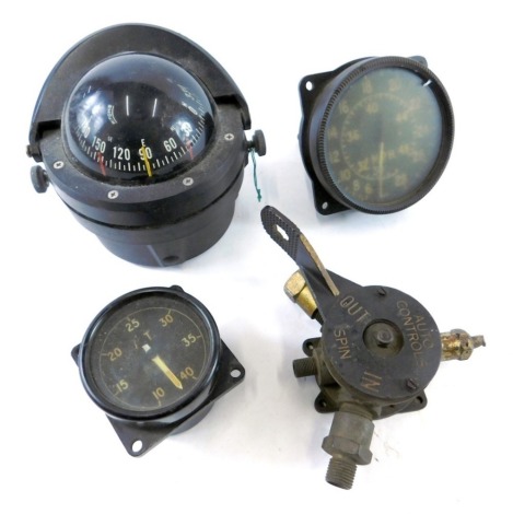 Various instrument dials, aeroplane and others, control cock MK IVB auto controls airplane section with crow's foot, 10cm high, Ritchie aeroplane compass, and two dials. (4)