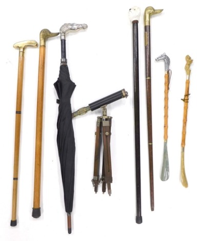 Various walking sticks, umbrella with horse head plated top, 28cm high, miniature telescope, cuckoo clock, etc. (a quantity)