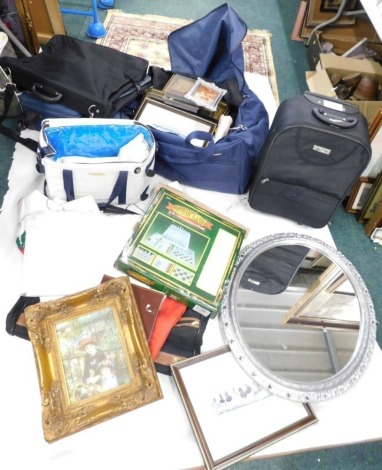 Various linen, oval mirror, cases, three in one games compendium, etc. (a quantity)