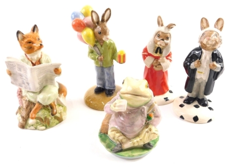 Various Royal Albert Beatrix Potter figures, etc., Jeremy Fisher 8cm high, Royal Doulton Collectors Club Judge Bunnykins and other Bunnykins etc., with printed marks beneath. (a quantity)