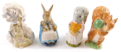 Various Royal Albert Beatrix Potter figures, Goody Tiptoes 9cm high, and three others, Squirrel Nutkin, etc., printed marks beneath. (4)