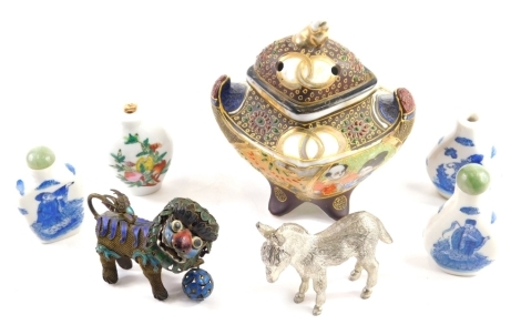 A cloisonne and mesh work articulated Chinese figure of a temple dog, with front foot on orb, decorated predominantly in blue and pink, 7cm high, four Chinese scent bottles, a Japanese sugar bowl, and a standing figure of a donkey. (a quantity)