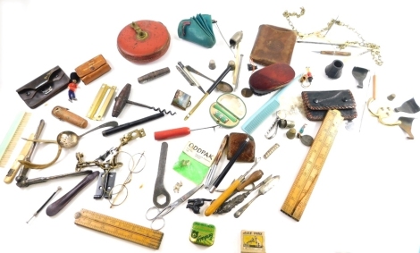 Bygones and collections, Rabone measuring rule, Eddy Brooklyn tape measure, 12cm diameter, hand corkscrew, part pig vesta case, thimbles, tins, Smiths wristwatch, various pens, spectacles, etc. (a quantity)