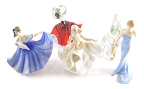 A Coalport Ladies of Fashion figure Admiration, 21cm high, Royal Doulton Diana Princess of Wales, etc. (5, AF)