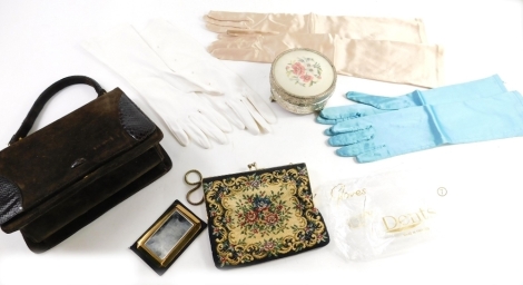 An evening bag, various kid gloves, purse, powder box 11cm diameter. (a quantity)