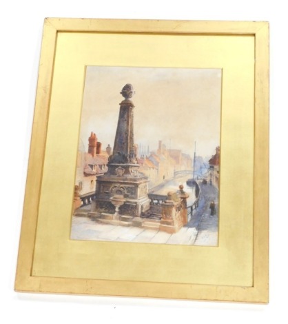 19thC School. High Bridge, Lincoln, figure of path before canal, watercolour, unsigned, 34cm x 25cm. 