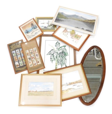 An oval mirror with bevelled glass, 72cm x 32cm, various pictures, JB village centre, watercolour, initialled and dated 1972, 20cm x 26cm, Wills framed cigarettes, DRH oil framed, needlework, various other watercolours, pictures, prints, frames, etc. (a q