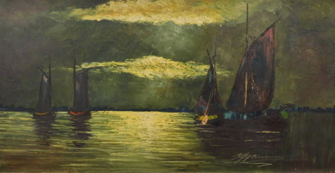 •20thC School. Boats on a twilight evening, oil on canvas, indistinctly signed, possibly by a German artist from the Krefeld School of Art, 49cm x 100cm.