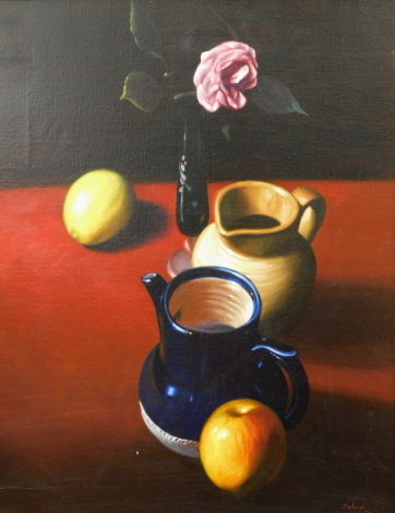 •Israel Zehar (20thC). Still life, jug, vase and fruit on a table, oil on canvas, signed, 55cm x 39cm.