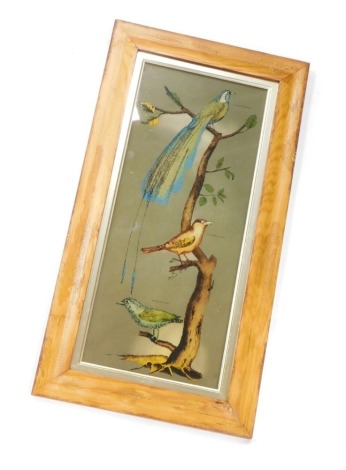 Belvedere School. Birds on a branch, glass painting, unsigned, 46cm x 19cm.