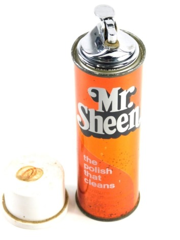 A novelty Mr Sheen The Polish That Cleans table lighter, formed as a spray can, 21cm high.