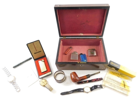 A 19thC rosewood jewellery box, with mother of pearl inlay, containing a quantity of various pipes, a Burnham 10aa fountain pen with marble body gilt banding, Burnham clip base metal nib, pocket lighter, Pierre Cardin wristwatch, a Sekonda wristwatch, var