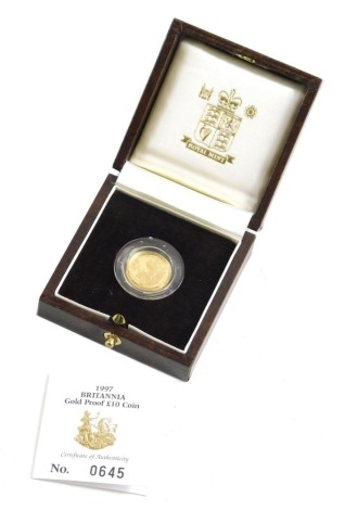 A Britannia one tenth ounce proof gold ten pound coin, boxed with paperwork.