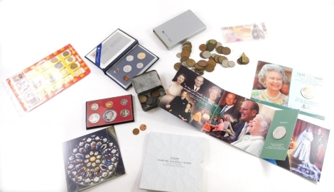 Various coins and coin sets, a 2007 Diamond Wedding crown, a 1926-2006 Queen Elizabeth II 80th birthday crown, an Egyptian coin and stamp set, a faux one million pound note, United States of America cased set, old Canadian mint coin set, quantity of vario