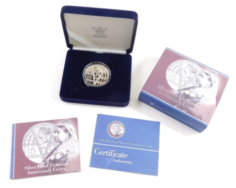 A silver proof five pound sterling silver coin, Victorian anniversary, with paperwork, in case and outer packaging.