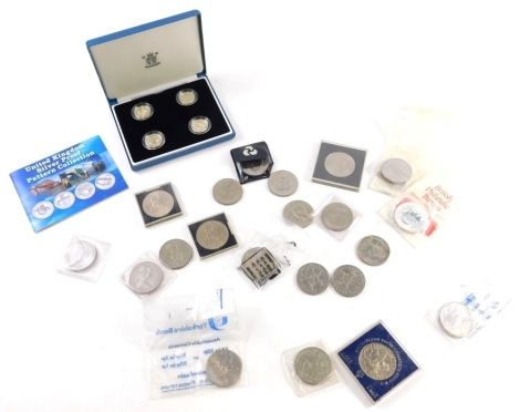 Royal Mint and other coin sets, silver proof pattern collection, pound coin cased set, various crowns, five shilling commemorative coins, various others, etc. (a quantity)