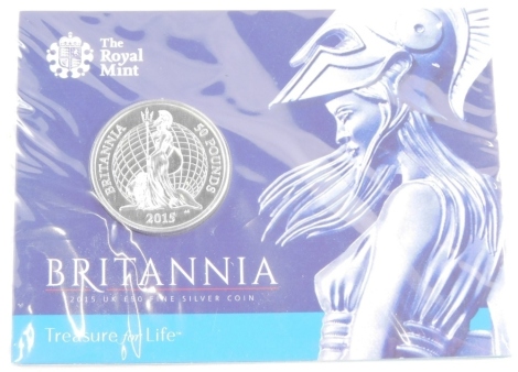 A Royal Mint Britannia Treasure For Life 2015 fifty pound fine silver coin, in outer packaging.