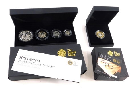 Various coins, coins sets, etc., a 2008 Olympic Games two pound silver proof Piedfort, the 2009 Britannia four coin silver proof set, each with cases and outer boxes. (2)