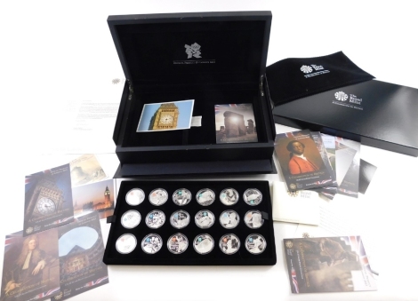 A Royal Mint Celebration of Britain London 2012 silver proof coin collection, comprising eighteen coins to include To Seek And Not To Yield, with paperwork, outer box and packaging.