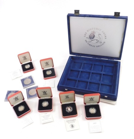 An Historic Coins of Great Britain case only, various commemorative crowns, silver jubilee, etc. cased in, a 2012 silver proof Piedfort pound coin, other 1999, various others. (a quantity)