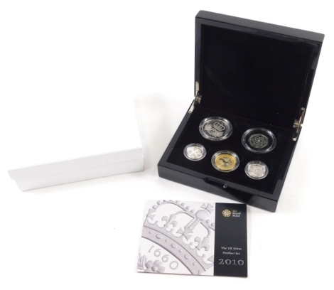 A Royal Mint 2010 UK silver Piedfort five coin set, with paperwork case and outer box.