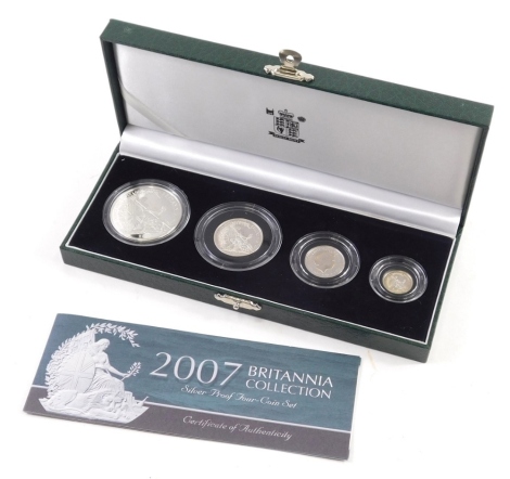 A Royal Mint 2007 Britannia collection silver proof four coin set, with paperwork and outer case.