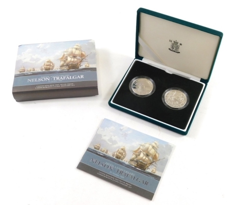 A Royal Mint 200th Anniversary Nelson-Trafalgar, 21st October 1805 silver two coin Piedfort proof coin set, with paperwork, outer case and packaging.