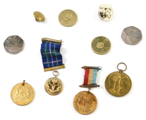 A World War I Civilisation medal, two fifty pence D-Day coins, medallions, etc. (a quantity)