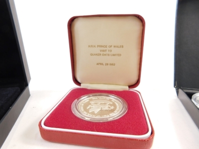 Various Royal Mint and other proof coins, 2009 Christmas medal, Celebration of Britain silver proof coin, HRH Prince of Wales visit to Quaker Oats Limited April 29th 1982 proof coin, and a further silver coin. (a quantity) - 2