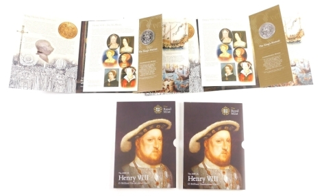 A Royal Mint The King's Portrait Henry VIII five pound uncirculated coin, in outer packaging and another, 2002. (2)